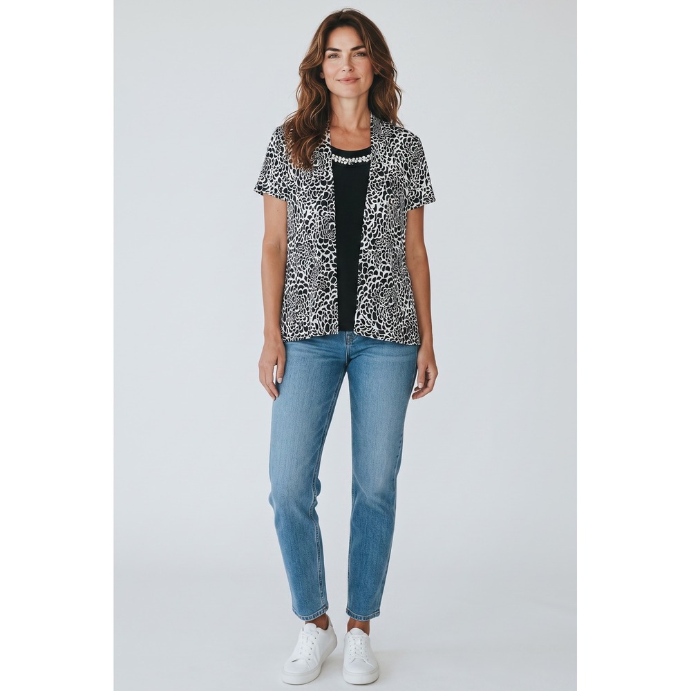 Choices Women Black White Abstract Floral Layered Beaded Top Large